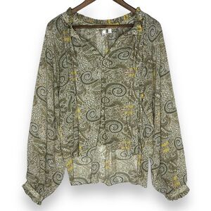 Elan Blouse Green Yellow Tan Paisley Floral Tie‎ Neck Semi Sheer Long Sleeve L